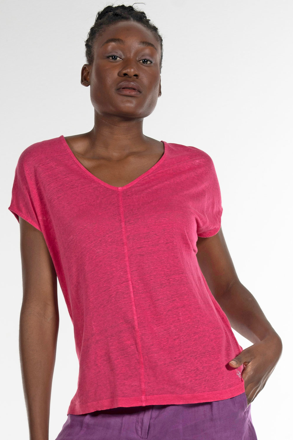 Alma & Lovis T Shirt V Ausschnit Leinen Pink1