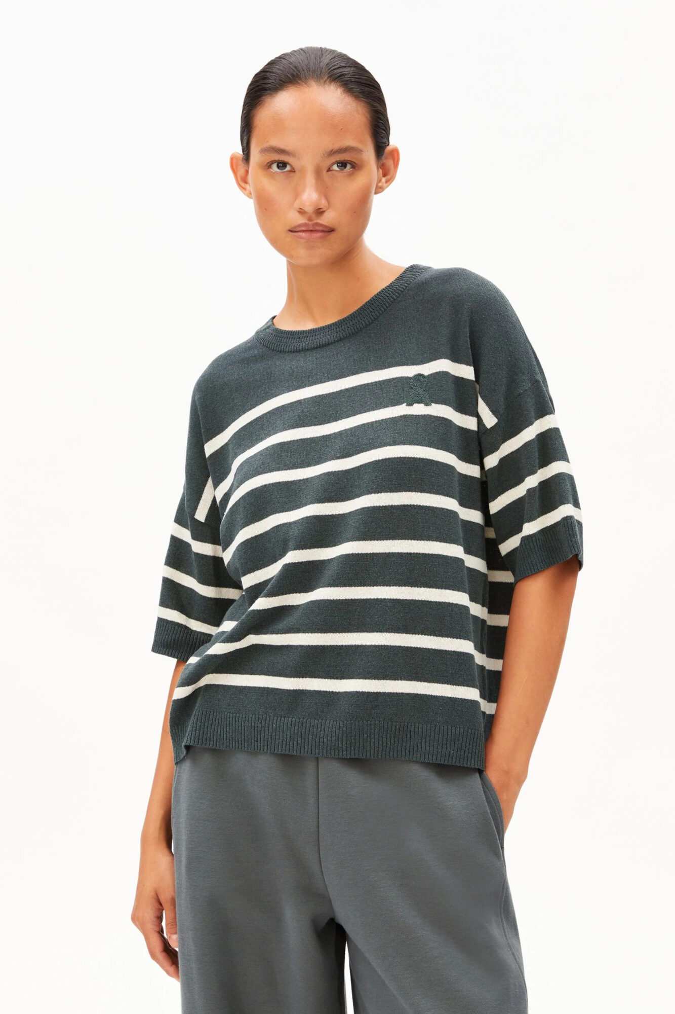 Armedangels Striped Linen Blend Sweater Space Steel Undyed3