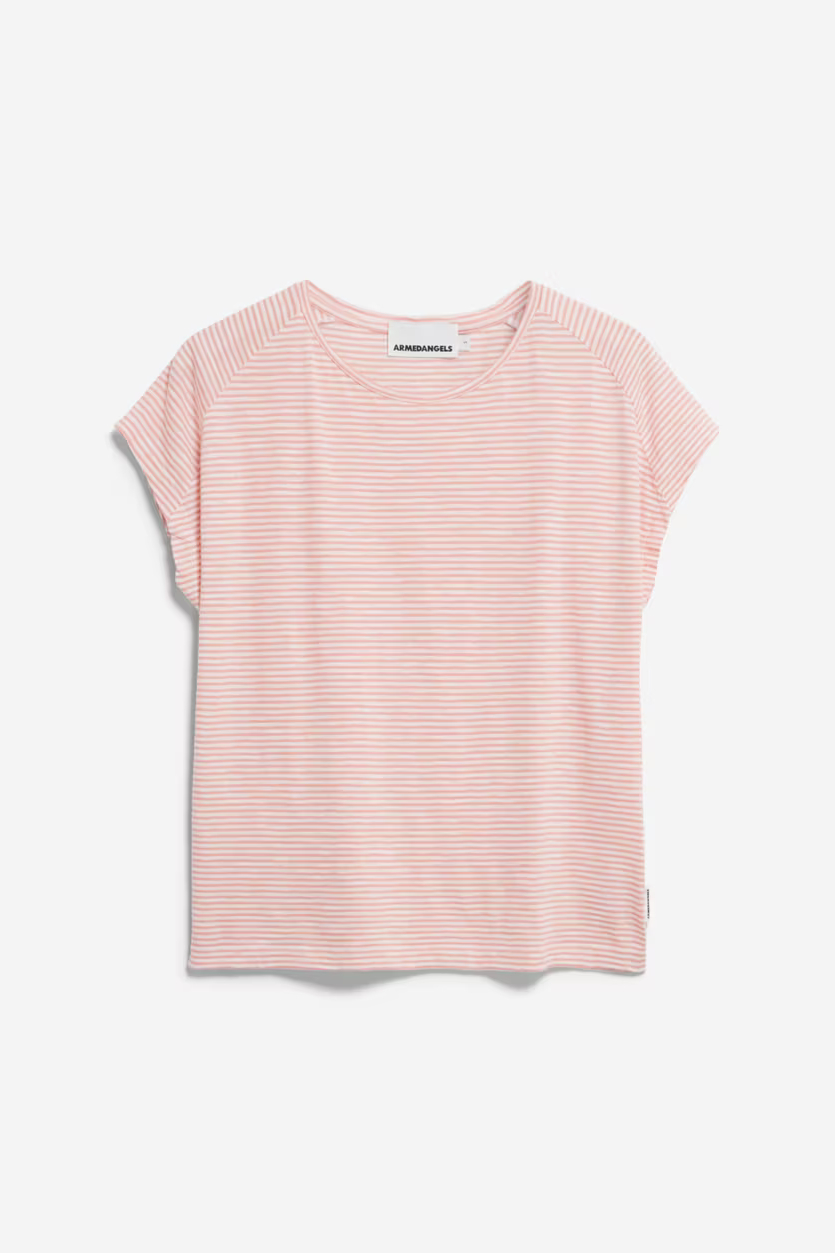 Armedangels T Shirt Oneliaa Lovely Stripes Oatmilk Deep Rosalilly